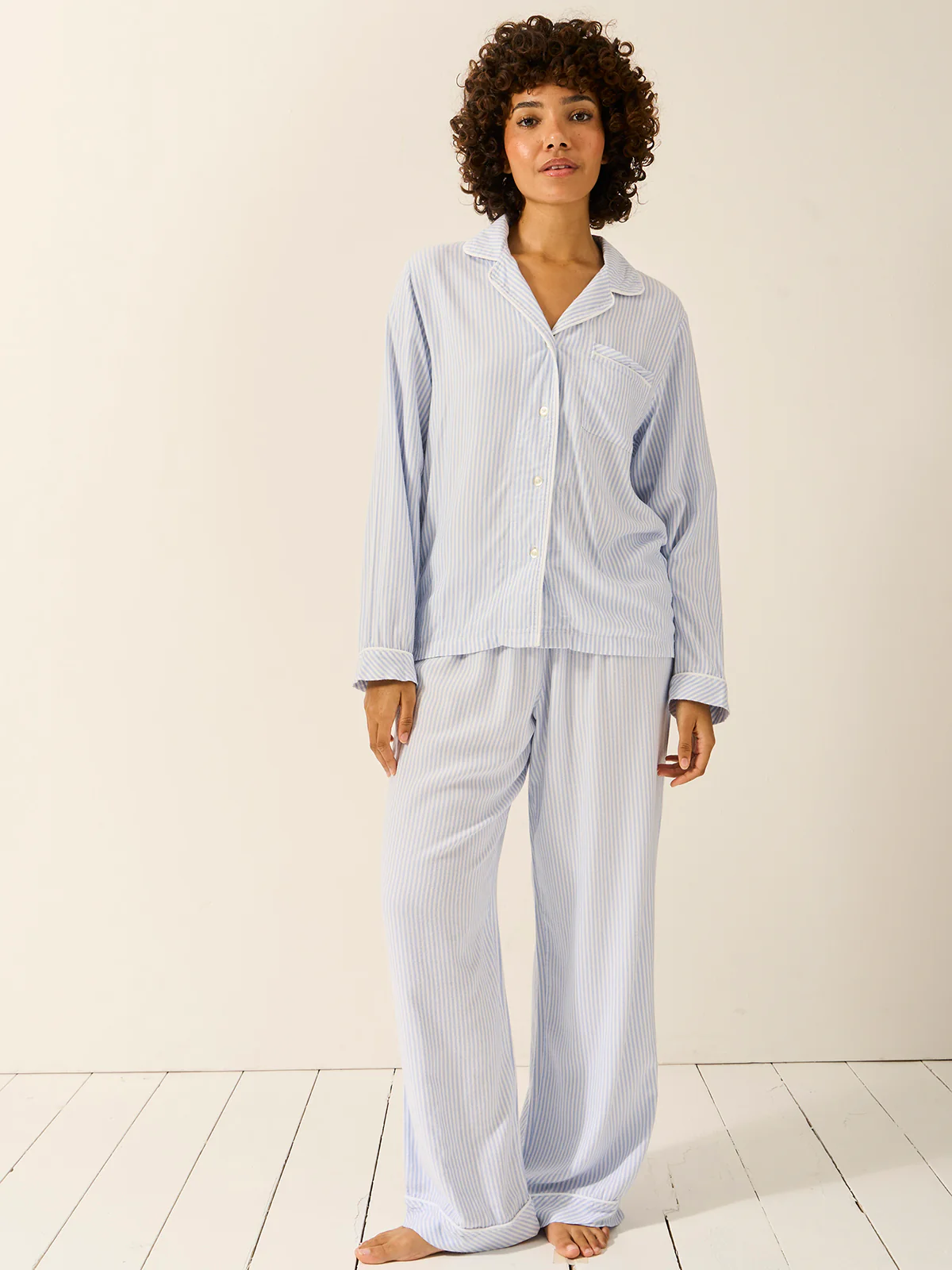 Soft Brushed Woven Pyjama Top - Blue Stripe - Image 4