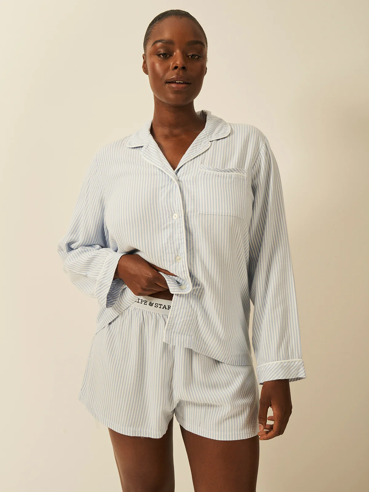 Soft Brushed Woven Pyjama Top - Blue Stripe - Image 7
