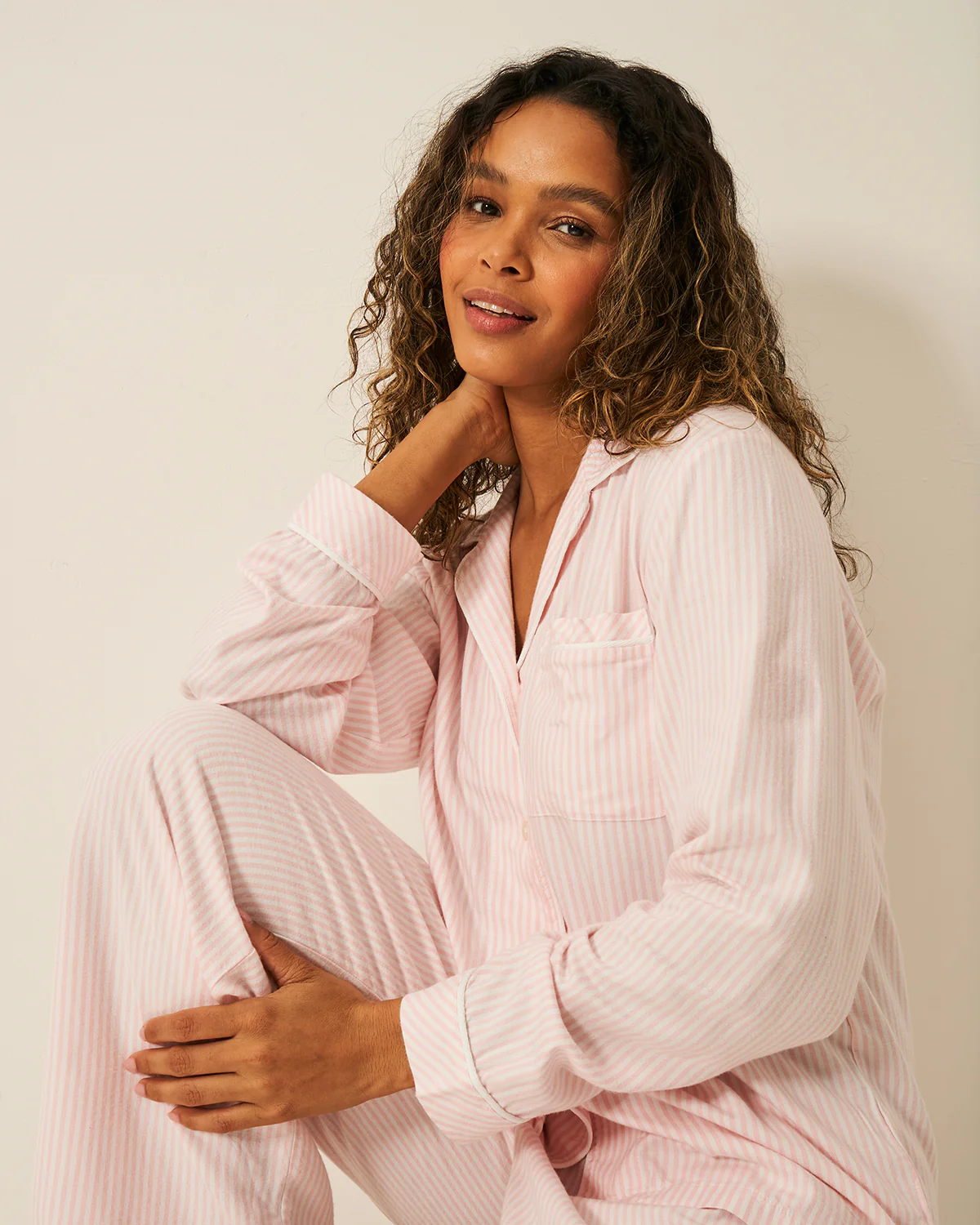 Soft Brushed Woven Pyjama Top - Pink Stripe - Image 6