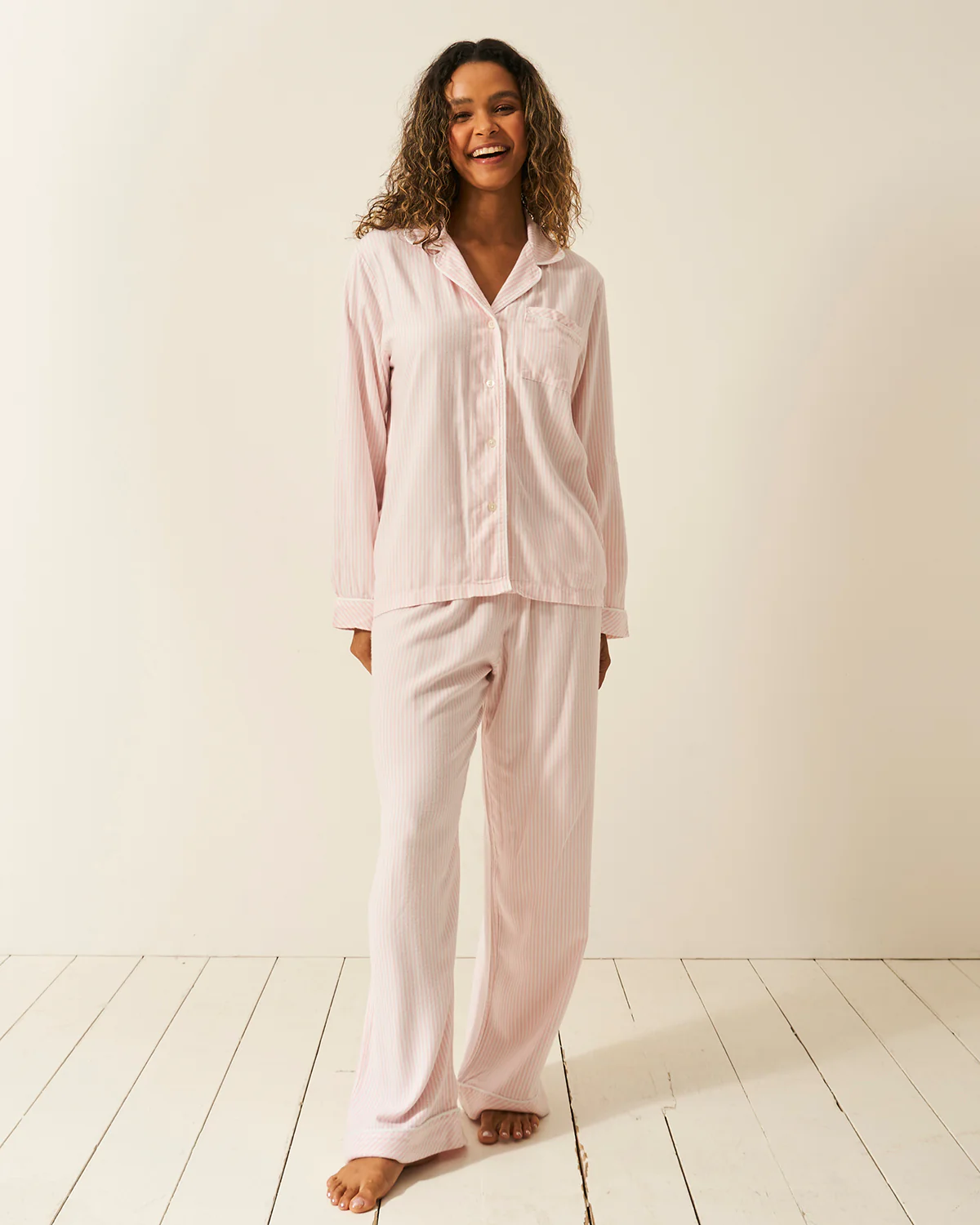 Soft Brushed Woven Pyjama Top - Pink Stripe - Image 8