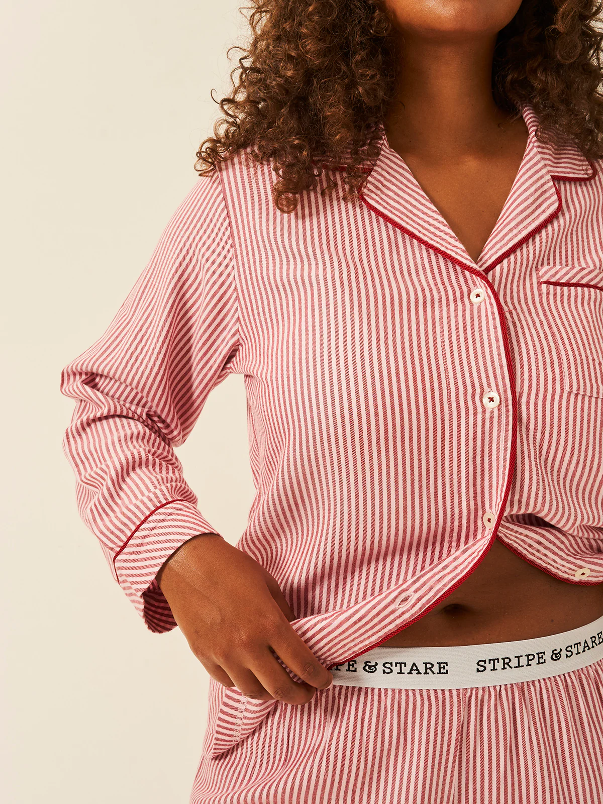 Soft Brushed Woven Pyjama Top - Red Stripe - Image 6