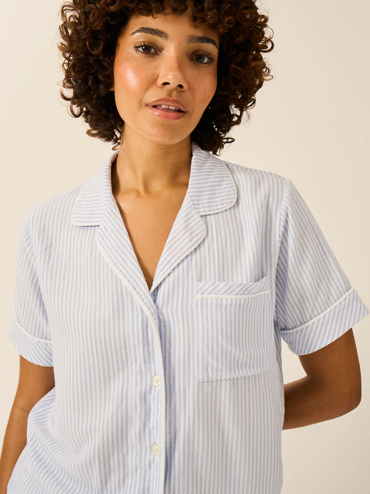 Soft Brushed Woven Short Sleeve Pyjama Top - Blue Stripe