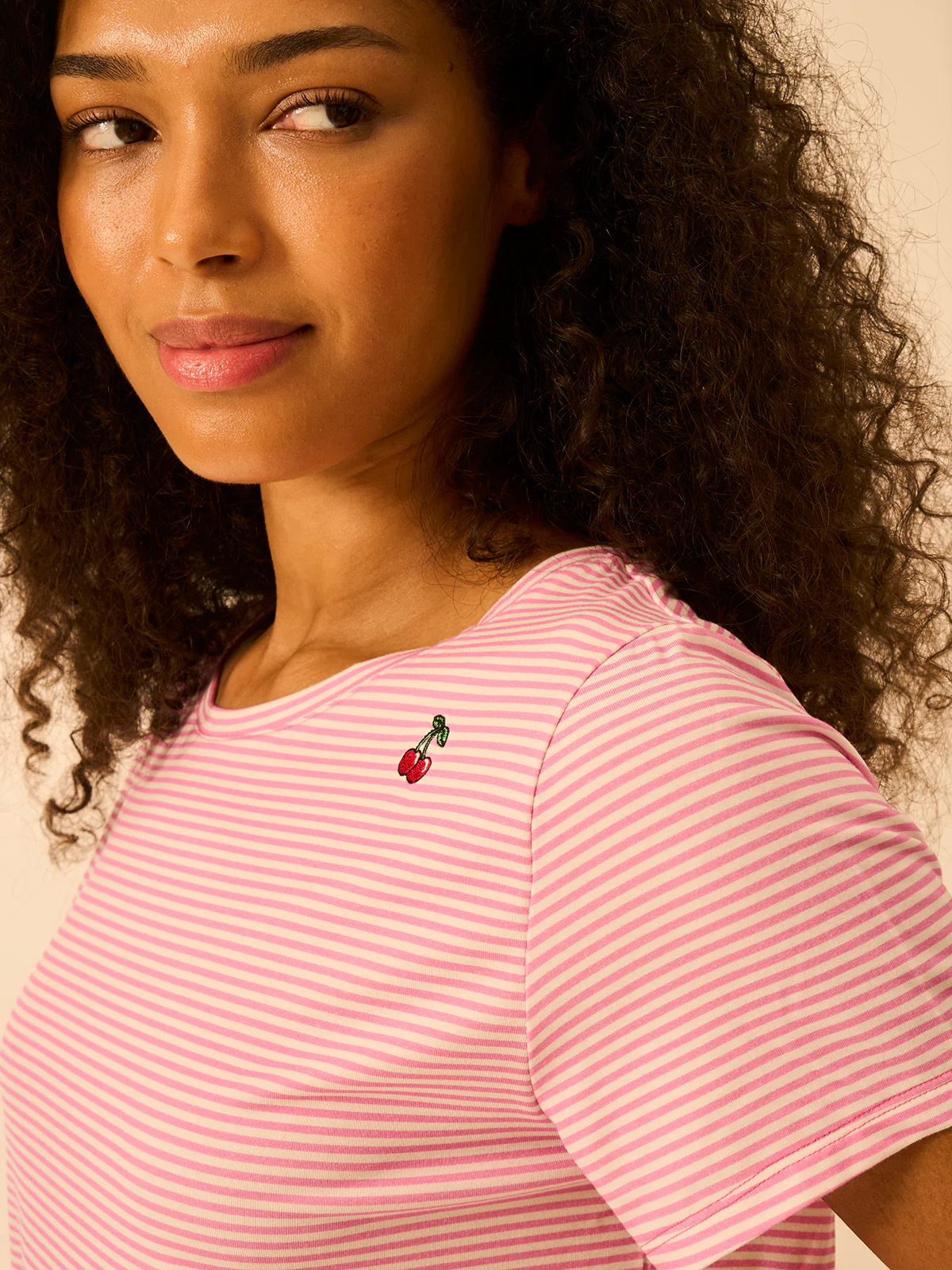 T-shirt & Short Pyjama Set- Cherry Roller Mini Stripe - Image 4